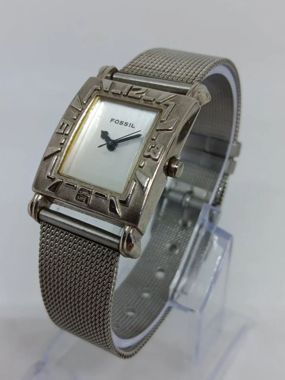 VINTAGE 2000s Fossil f2 EC-8799 Women's 24mm x 36mm Silver Tone Mesh Band Watch